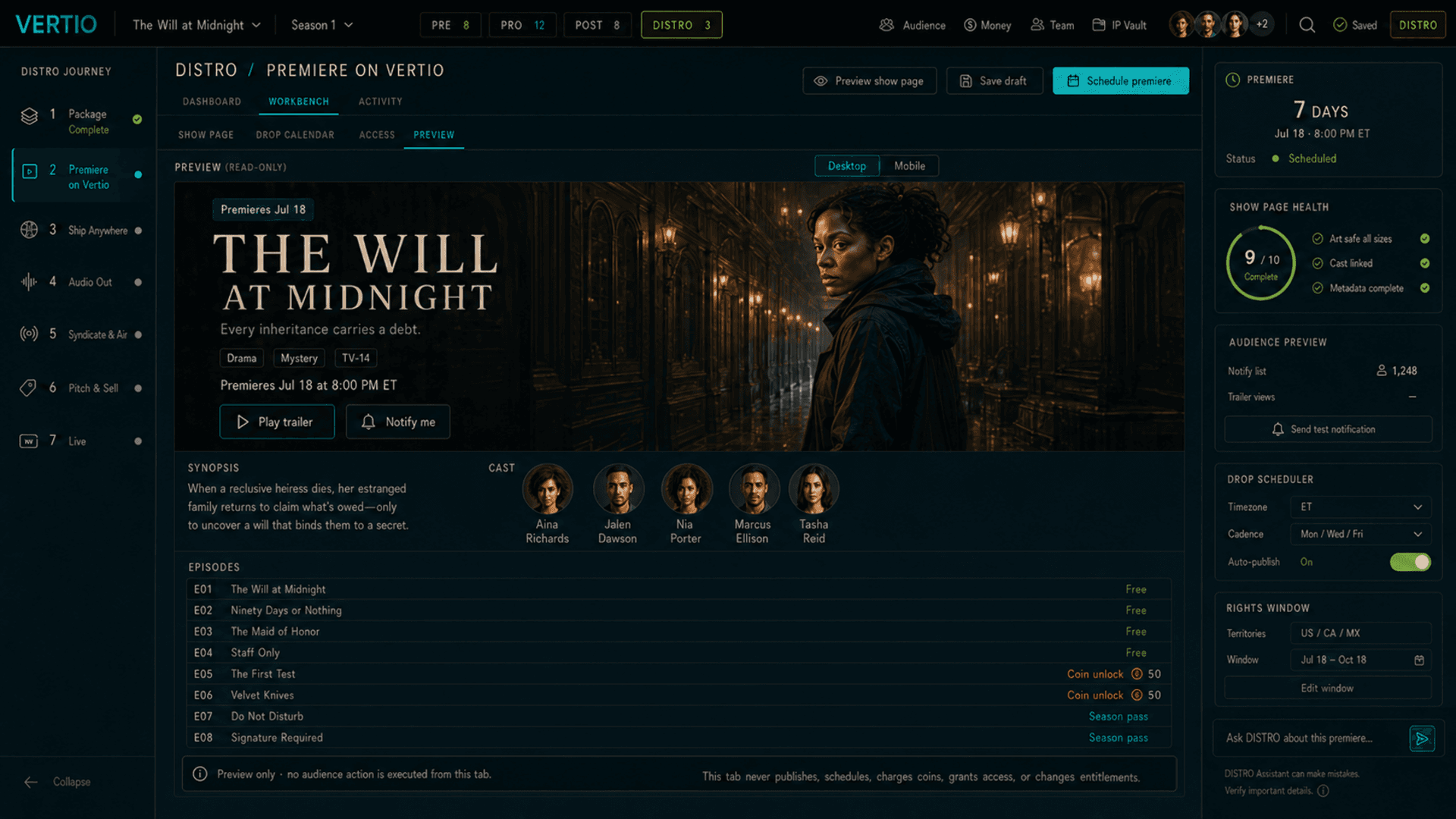 Vertio DISTRO premiere preview workspace